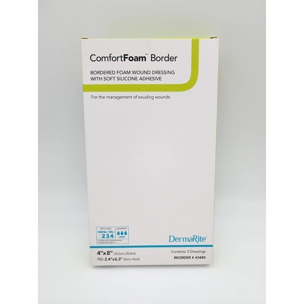 DERMARITE 1 BX/5 EA Comfort Foam Silicone Foam Border Dressing 4" x 8" 43480